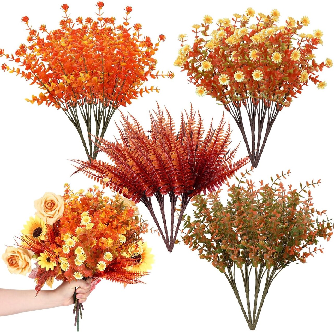 16 Bundles Fall Thanksgiving Artificial Flowers for Outdoor Décor – Fake Mums, Eucalyptus, Maple Leaves & Berry Stems (15 in, Autumn Arrangement)